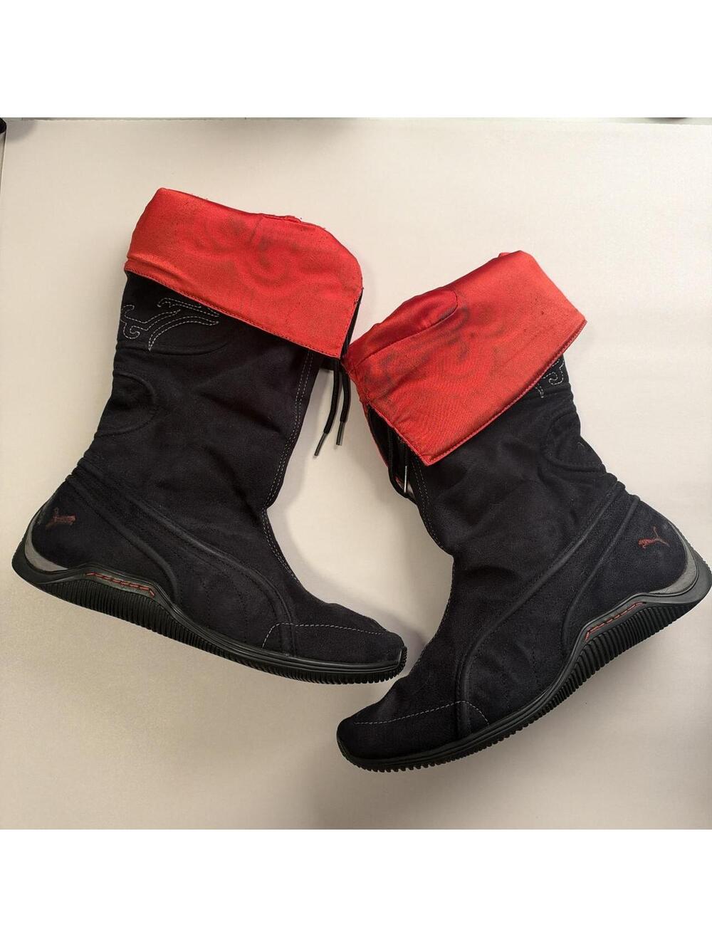 2000s Puma black Suede Knee High Boxing pull on Boots Red Satin Lining US 9 - Picture 7 of 8